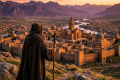 overlooking fortified ancient city at sunset