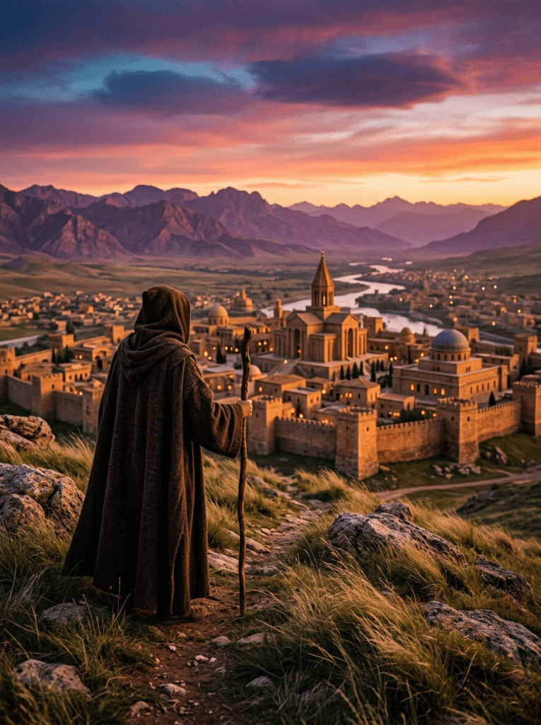 Cloaked traveler with staff overlooking fortified ancient city at sunset